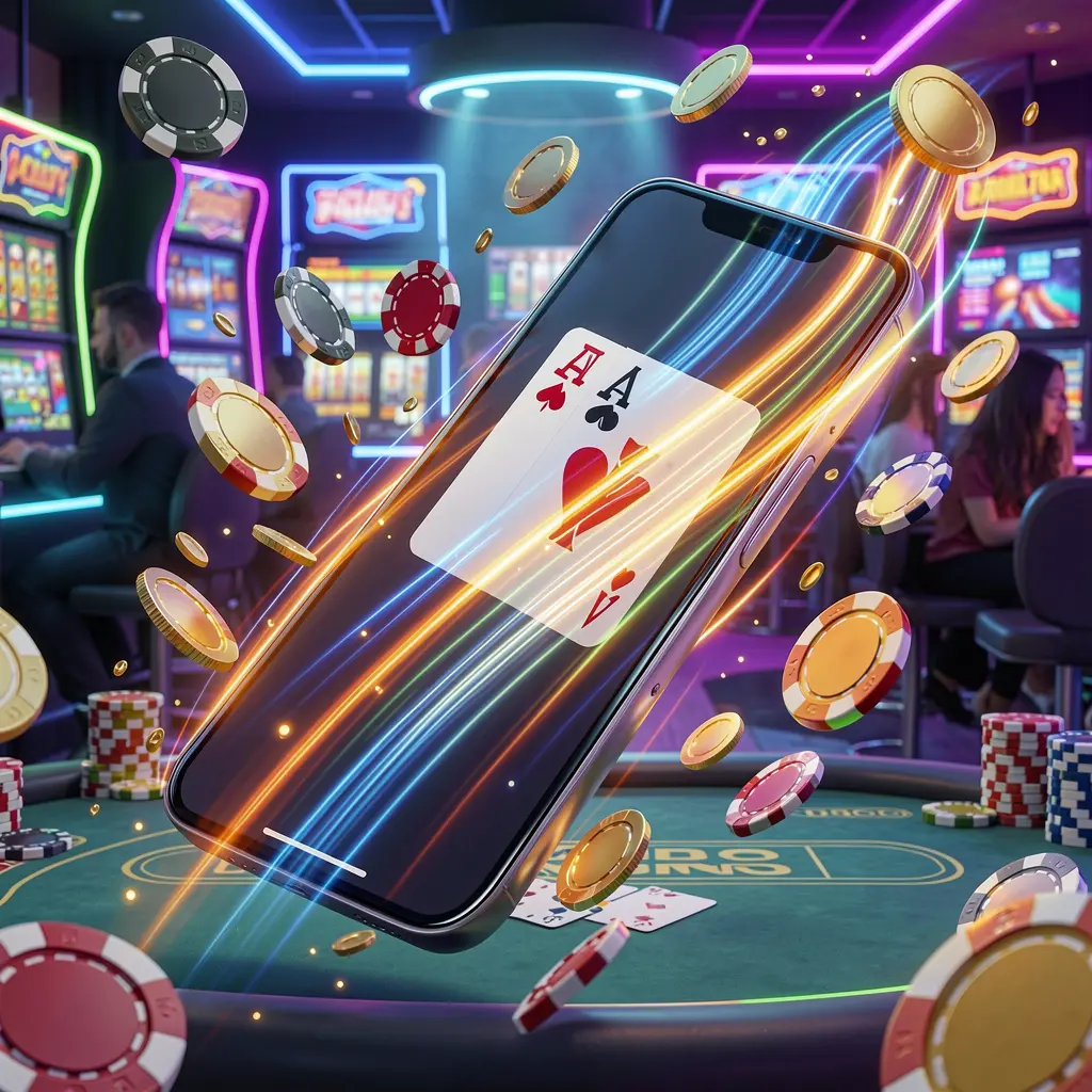 Smartphone displaying the 777SANA casino app with fast access, surrounded by flying coins and chips against a modern neon casino background with dynamic speed light trails