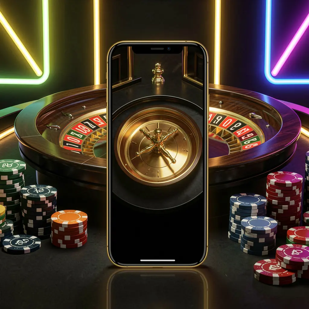 Mobile casino application scene featuring a phone in the center with a roulette wheel and poker chips in the background, illuminated by glowing neon lights in a premium black and gold style, showcasing the 777SANA brand