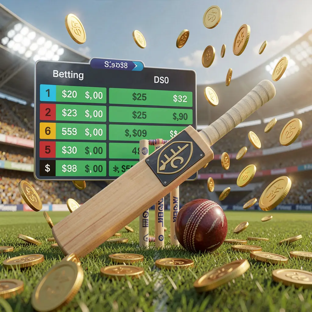 Realistic 3D illustration of a cricket bat, cricket ball, and wickets on stadium grass with floating betting odds interface and golden coins flying, showcasing 777SANA sports betting page visual Realistic 3D illustration of a cricket bat, cricket ball, and wickets on stadium grass with floating betting odds interface and golden coins flying, showcasing 777SANA sports betting page visual