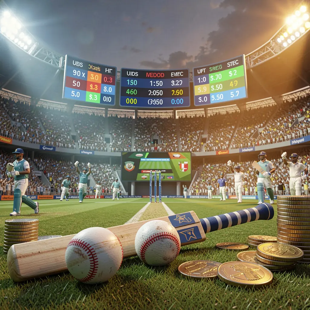 Premium cricket betting scene at a crowded cricket stadium with bat and ball in the foreground, digital odds graphics and coins illuminated by dramatic lighting, showcasing 777SANA's high detail 3D render Premium cricket betting scene at a crowded cricket stadium with bat and ball in the foreground, digital odds graphics and coins illuminated by dramatic lighting, showcasing 777SANA's high detail 3D render