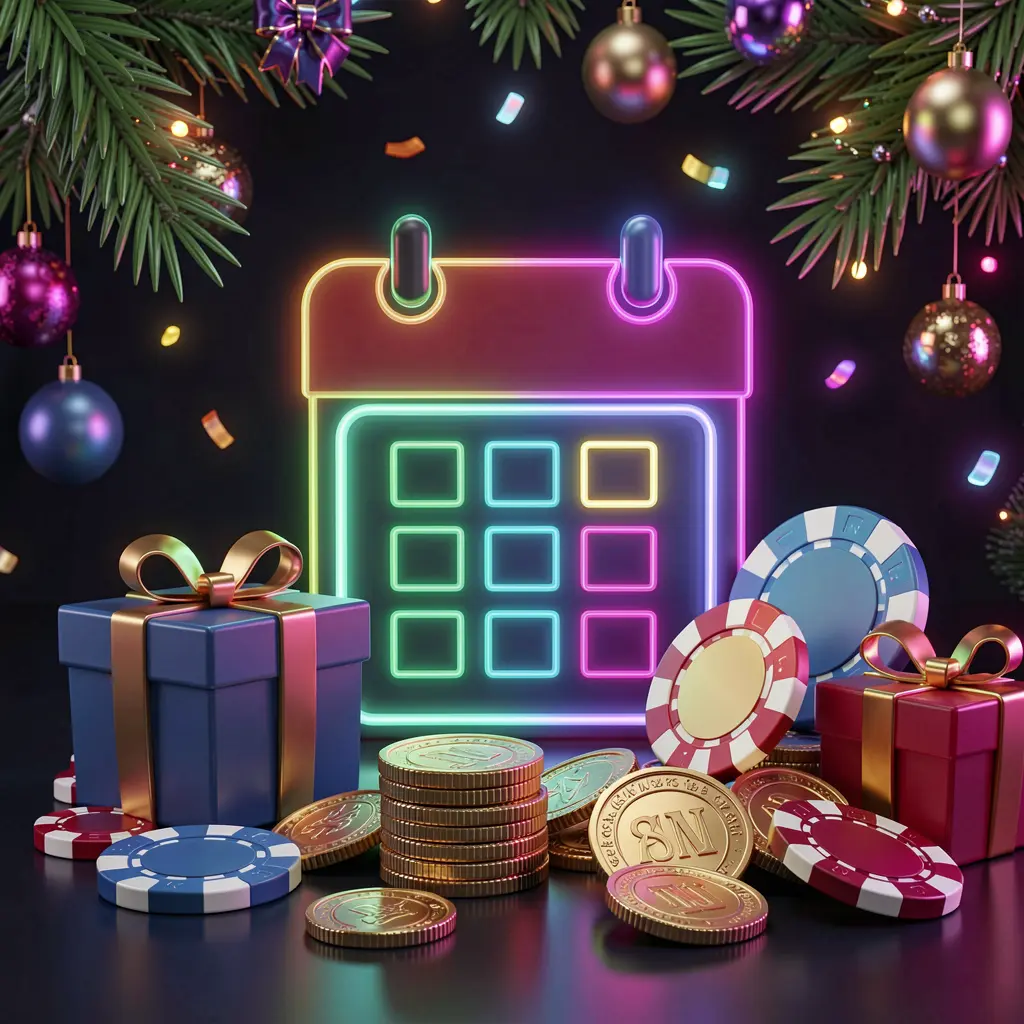 Weekly casino bonus concept featuring 777SANA with calendar icon, gift boxes, coins, and chips on a festive dark background with neon glow in premium 3D style