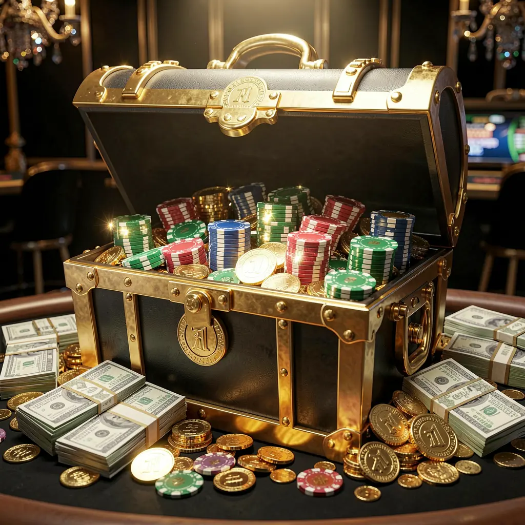777SANA casino rewards scene featuring a golden treasure chest overflowing with chips, cash bundles, and sparkling coins in an elegant black and gold style with dramatic lighting