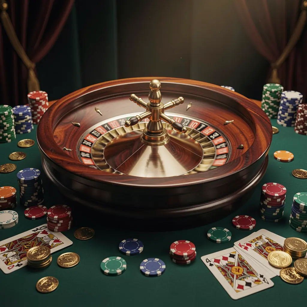 777SANA classic casino scene featuring a spinning roulette wheel, scattered chips, playing cards, and coins on a table with an elegant dark background and cinematic lighting