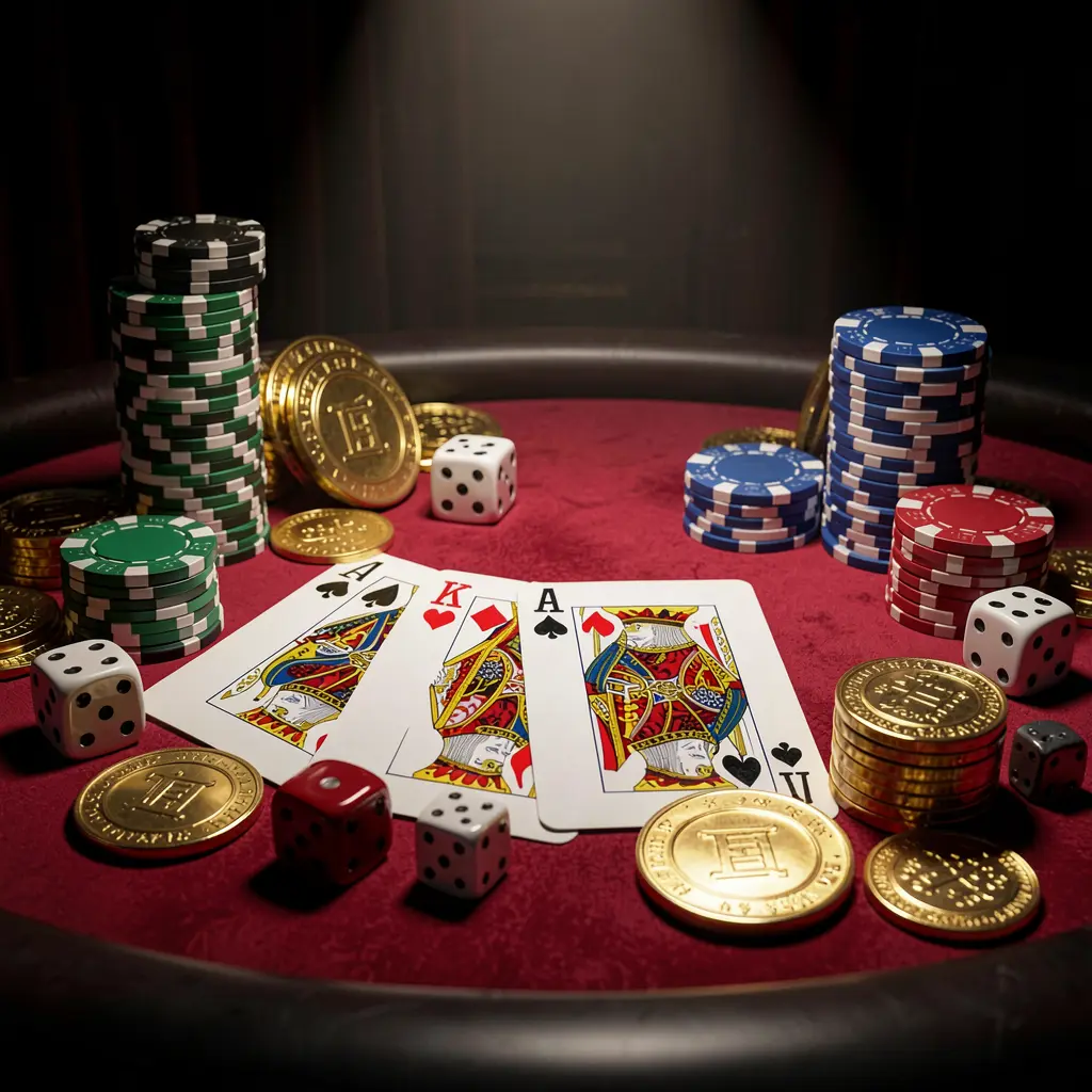 777SANA casino table featuring a royal flush hand, poker chips, golden coins, and dice on a luxury black and red background with dramatic spotlight in a realistic 3D render