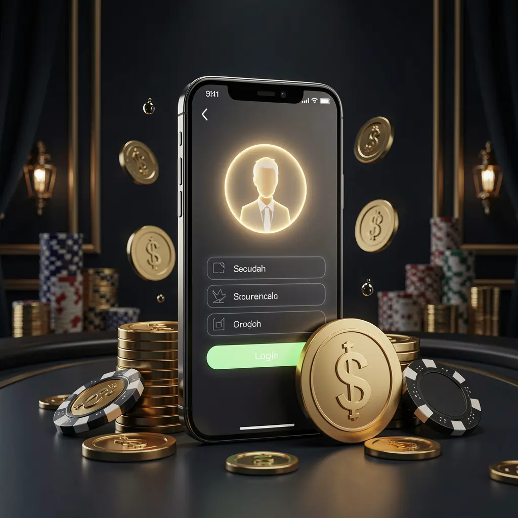 777SANA online casino login page hero banner featuring a modern smartphone with a secure login screen, glowing user profile icon, golden coins and poker chips surrounding it on a dark luxury background