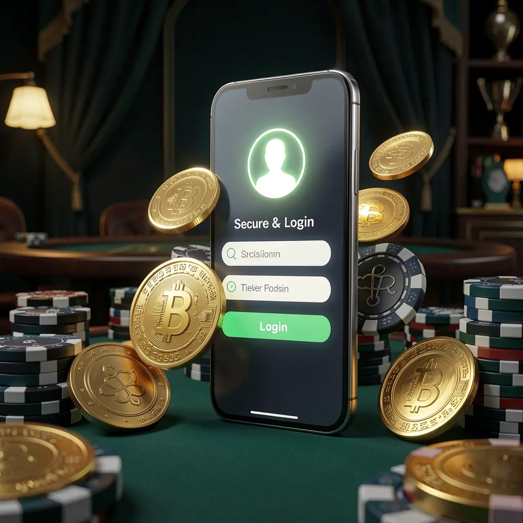 777SANA online casino login page hero banner featuring a modern smartphone with a secure login screen, glowing user profile icon, golden coins and poker chips on a dark luxury background in a premium 3D render